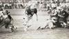  Bread and butter play for Farrell.  Chuck (#24) making crackdown block, brother Mike (dark jersey on left) making trap block.  Opening touchdown hole for QB Bob Petosa.  1974 season.